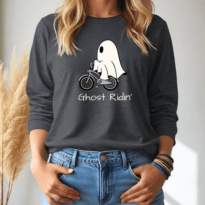 Person wearing a dark gray long sleeve shirt with a ghost riding a bike graphic and 'Ghost Ridin'' text.