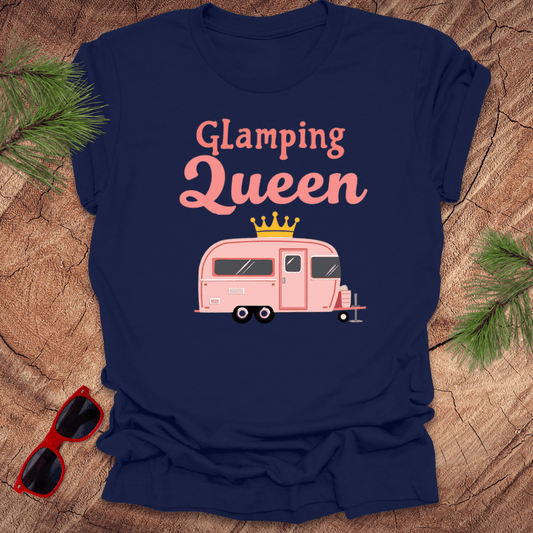 A navy blue t-shirt with 'Glamping Queen' written in pink and a graphic of a pink caravan wearing a crown.