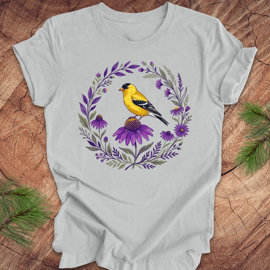 Goldfinch and Purple Flowers Tee — Silver, Size XL (Final Sale)