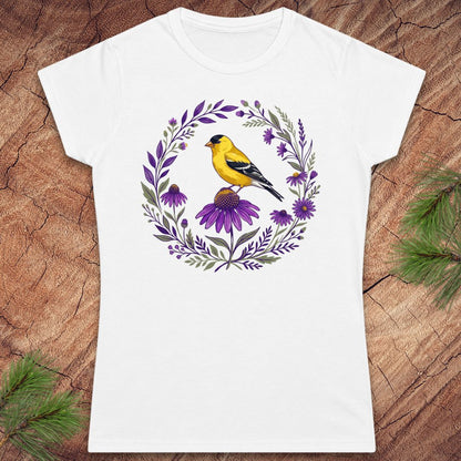 Goldfinch and Purple Flowers Women's Tee