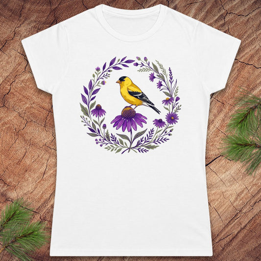 Goldfinch and Purple Flowers Women's Tee