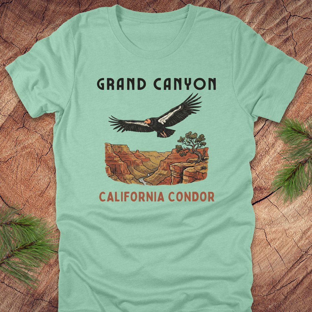 Mint green t-shirt with Grand Canyon and California Condor design on a wooden surface.