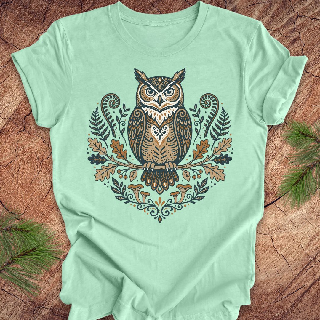 Mint green t-shirt with an owl and woodland design on a wooden surface