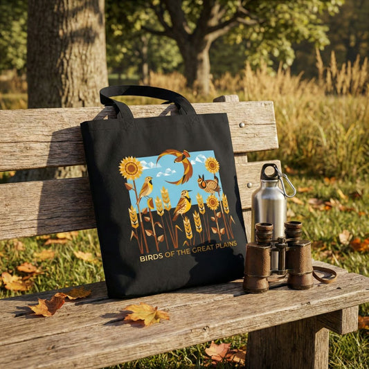 Black tote bag with Birds of the Great Plains design on a wooden bench outdoors
