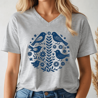 Grey T-Shirt with a Bird and flower folk design, worn by a person with a neutral background.