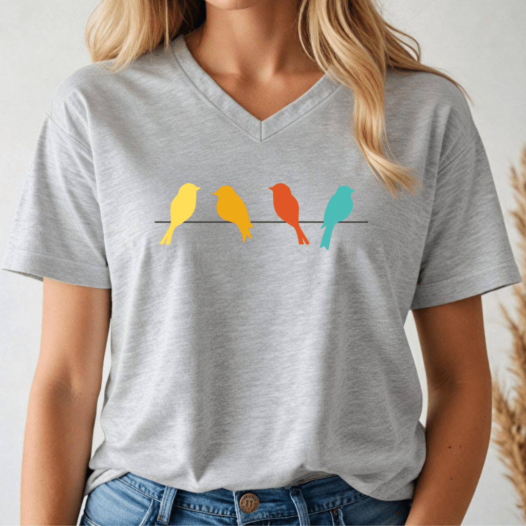 Person wearing a gray v-neck t-shirt with 4 birds on a wire on a white background.