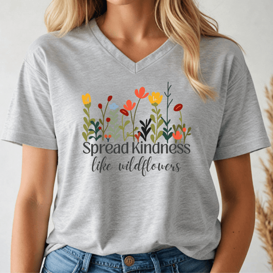 Gray v-neck t-shirt with floral design and 'Spread Kindness like wildflowers' text worn by a person.