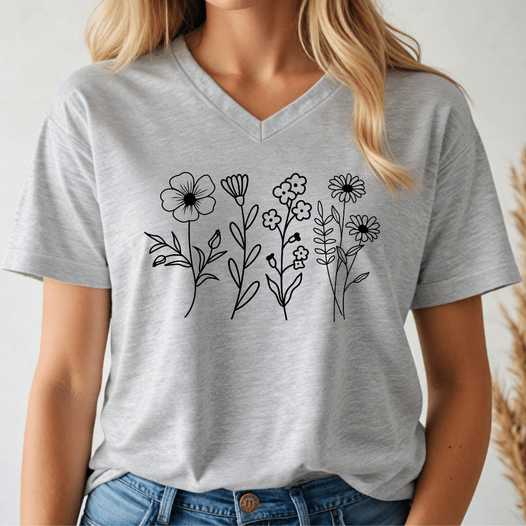 Person wearing a gray t-shirt with black floral designs