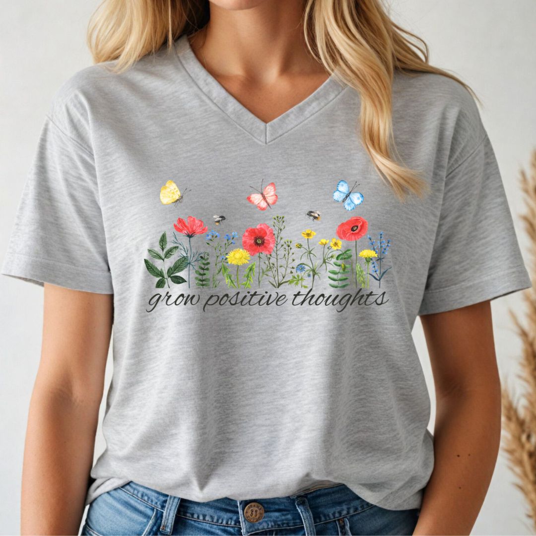Grey v-neck t-shirt with floral design and 'grow positive thoughts' text worn by a person.