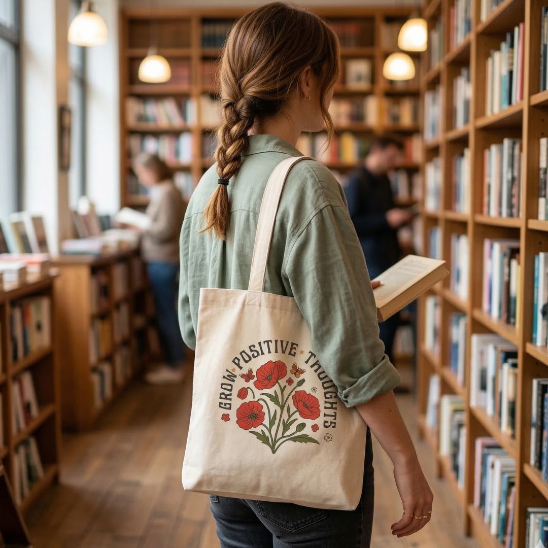 woman in a book store holding a book and a tote bag with "grow positive thoughts' text and flowers.