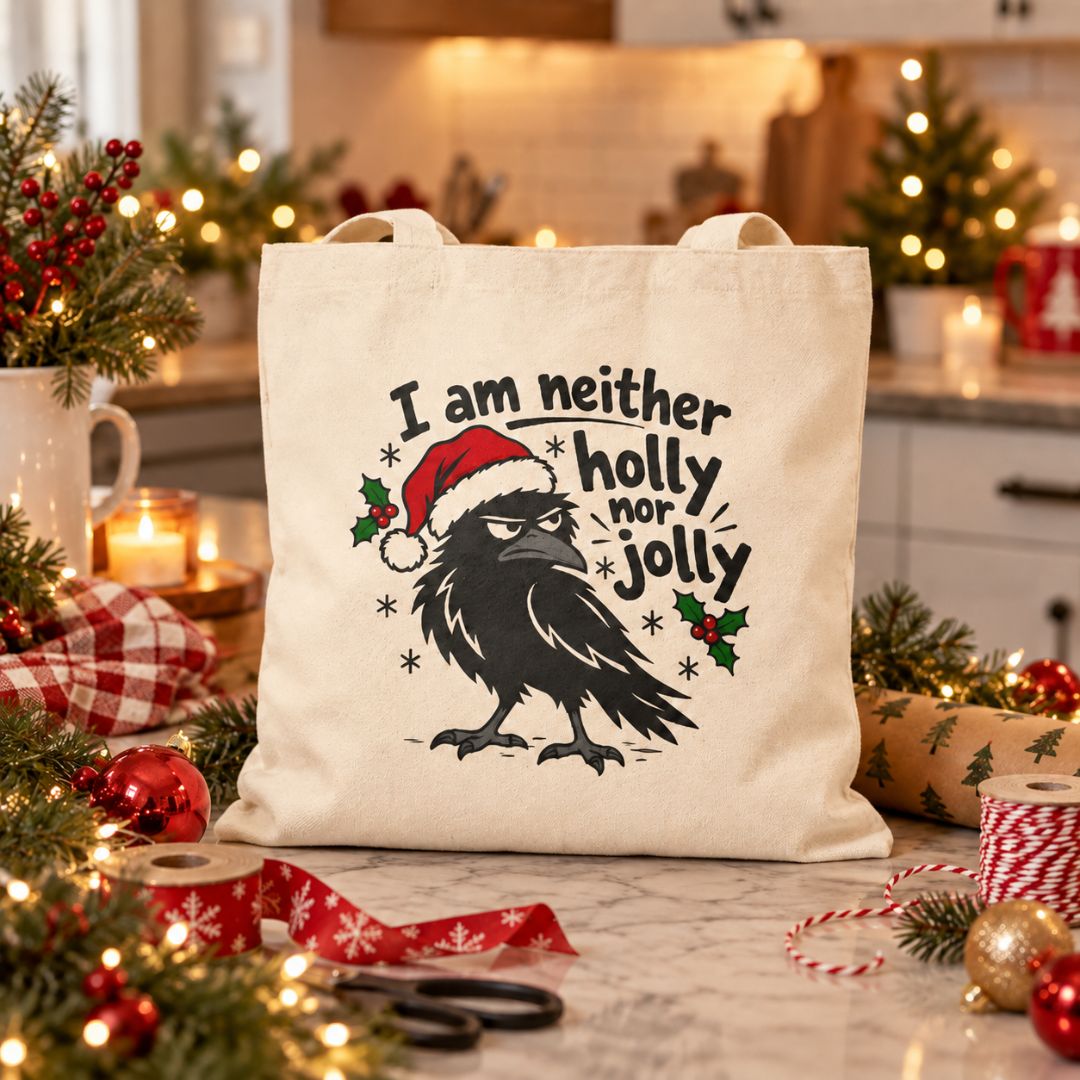 Natural canvas tote bag with a grumpy raven in a Santa hat, holly, and 'I am neither holly nor jolly' text, on a festive kitchen counter with ribbon, ornaments, and twinkle lights.