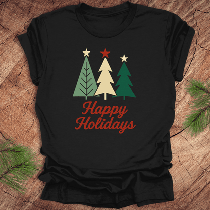 Black t-shirt with Christmas tree design and 'Happy Holidays' text on a wooden surface.