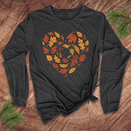 Dark gray long sleeve tshirt with autumn leaf design in the shape of a heart on a wooden surface