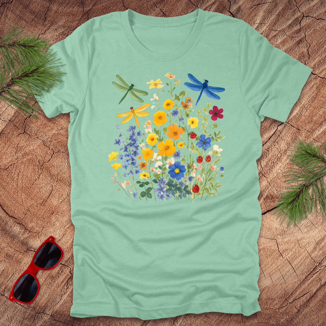 Light green t-shirt with floral and dragonfly design on a wooden surface with sunglasses and foliage.