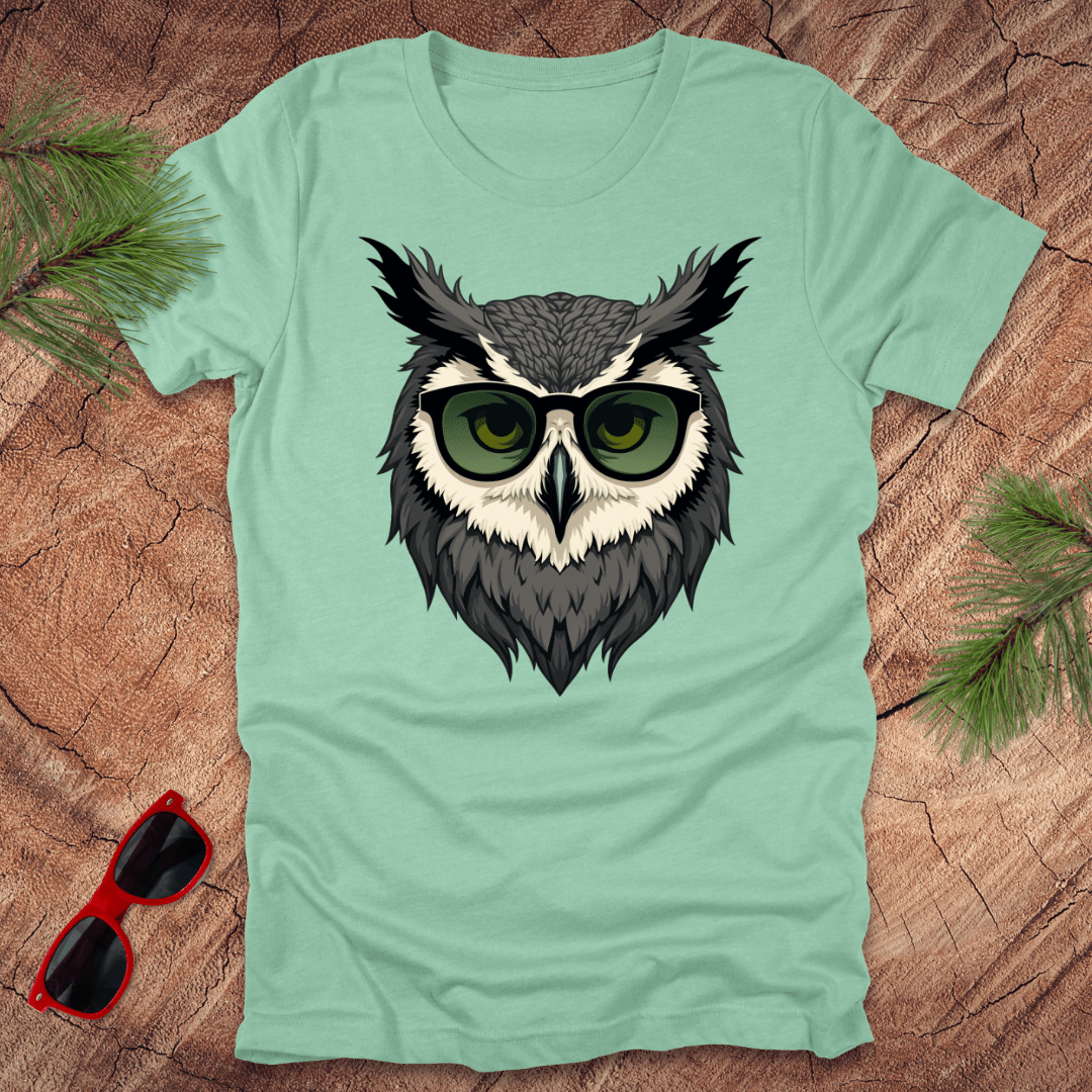 Mint green tshirt with a graphic of an owl head with sunglasses on. it is on a wood background.