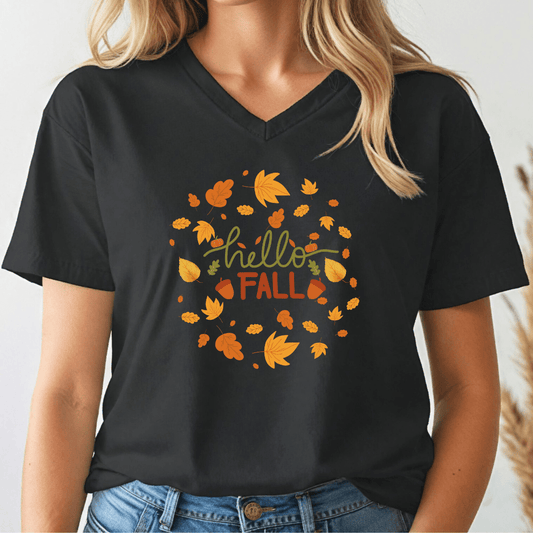 Hello Fall Autumn V - neck Tee - Wandering Owl Adventure Gear