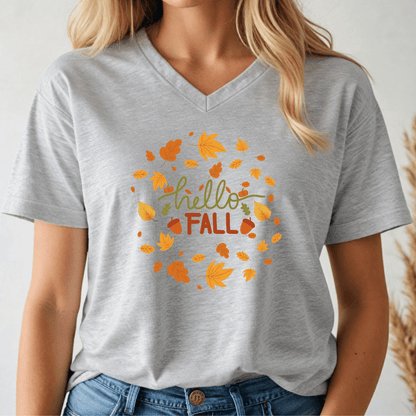 Hello Fall Autumn V - neck Tee - Wandering Owl Adventure Gear