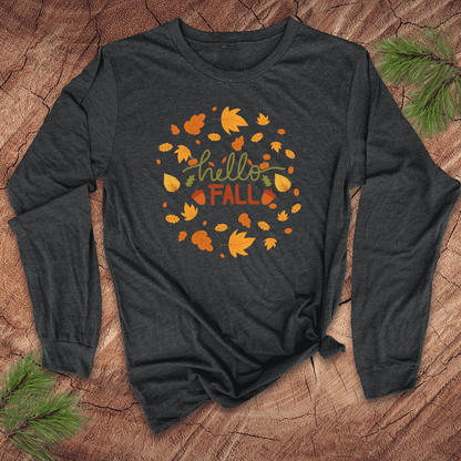 Dark gray long sleeve tshirt with 'hello FALL' and leaf design on a wooden surface
