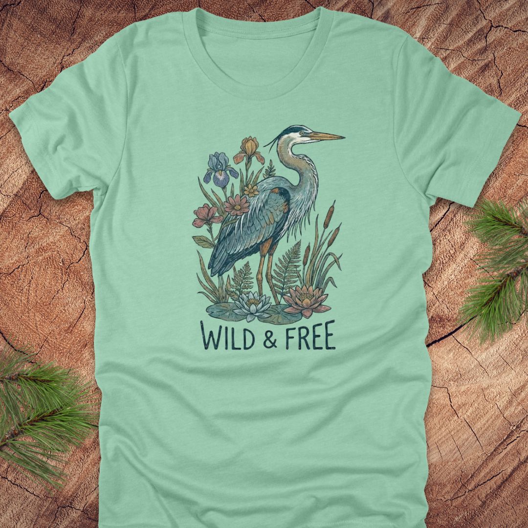 Mint green t-shirt with a heron and floral design with text, 'wild and free' on a wooden surface