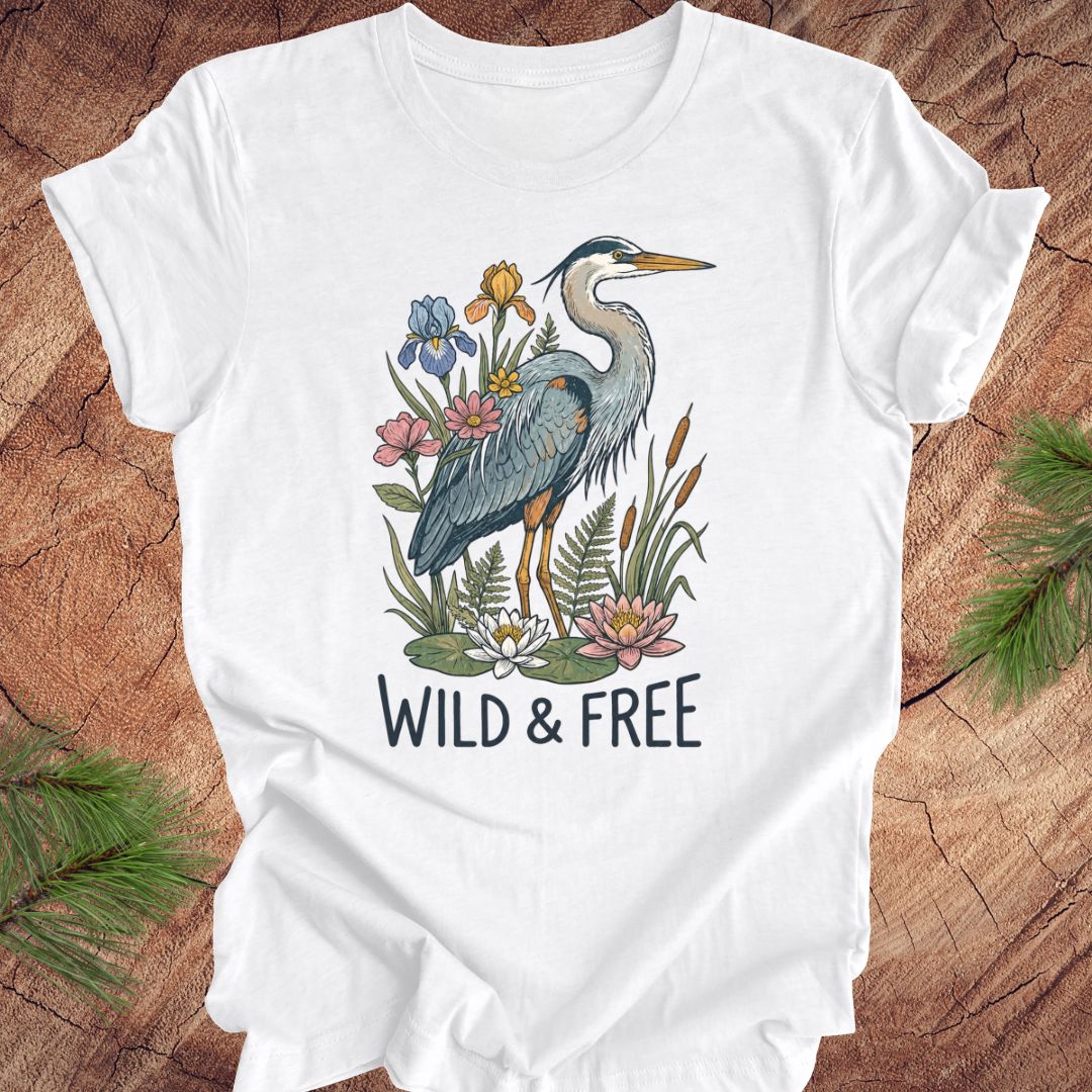 A white short-sleeve T-shirt laid flat on a rustic wood surface, featuring a colorful illustration of a blue-gray heron surrounded by flowers and greenery, with the text 'WILD & FREE' printed below.