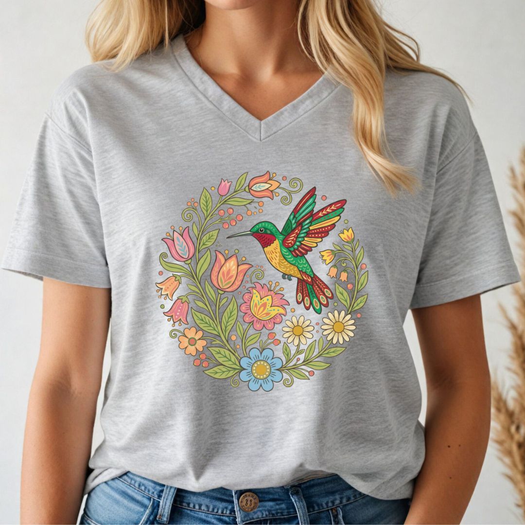 Gray v-neck t-shirt with a colorful hummingbird and floral design worn by a person.