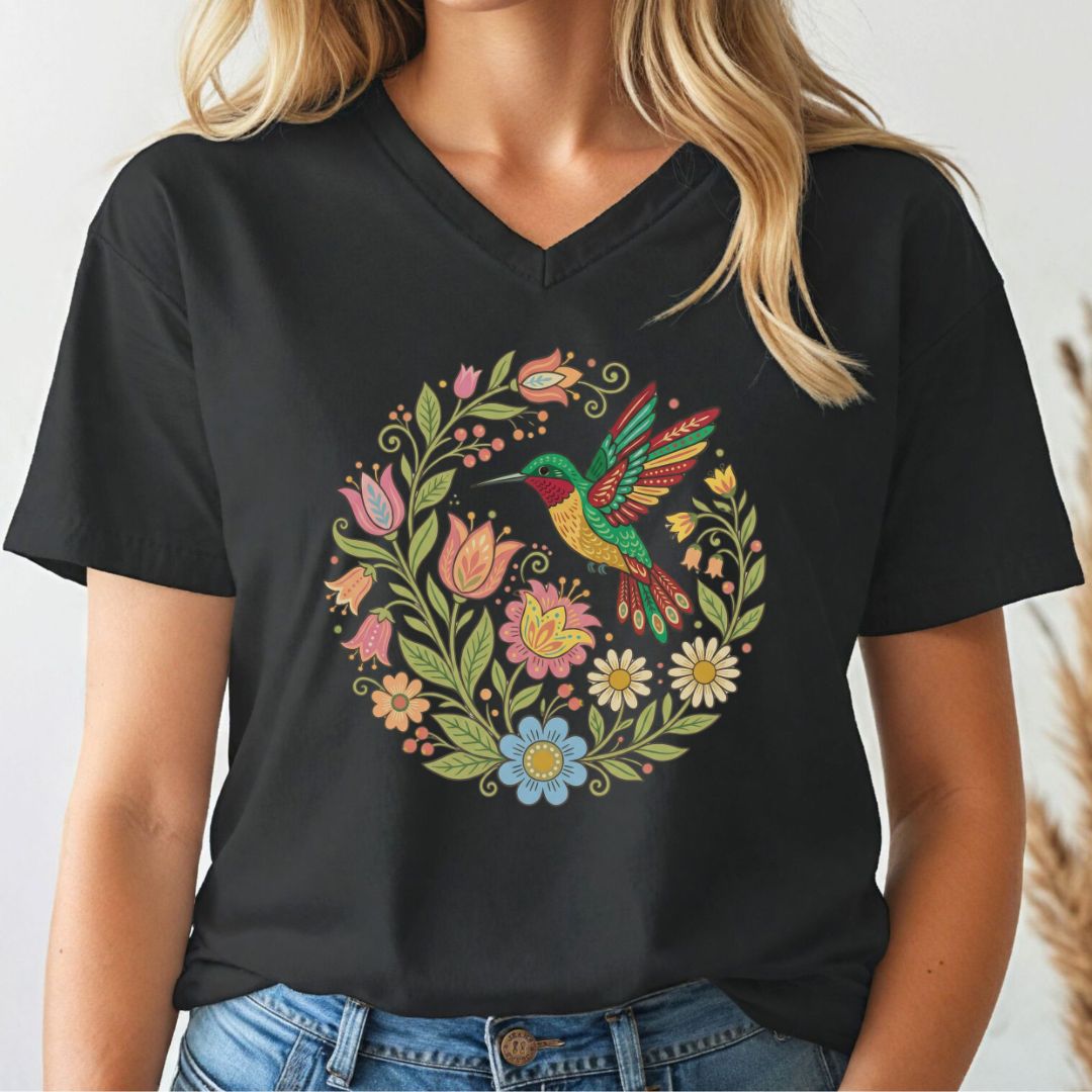 Black v-neck t-shirt with a colorful hummingbird and floral design worn by a person.