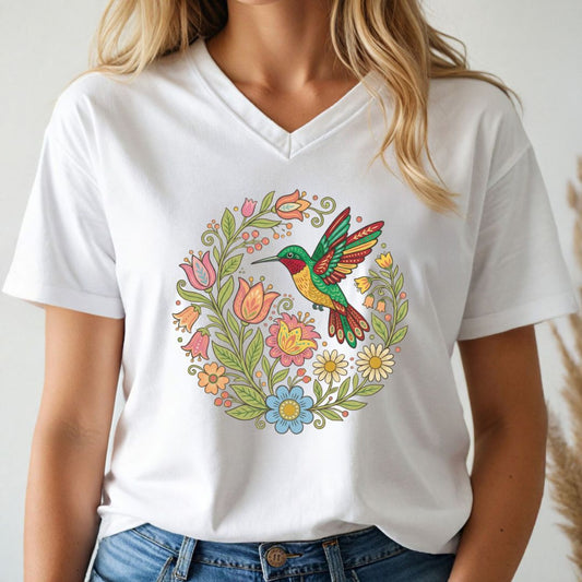 Person wearing a white v-neck t-shirt with a colorful hummingbird and floral design.