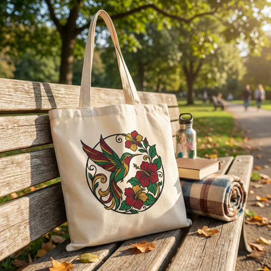 Tote bag with hummingbird and floral design on a wooden bench in a park