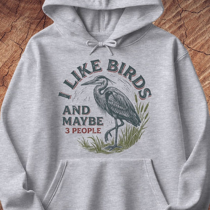 A light heather gray pullover hoodie with a front graphic print featuring a heron and the text 'I LIKE BIRDS AND MAYBE 3 PEOPLE'. The hoodie is laid flat on a textured brown wood background.