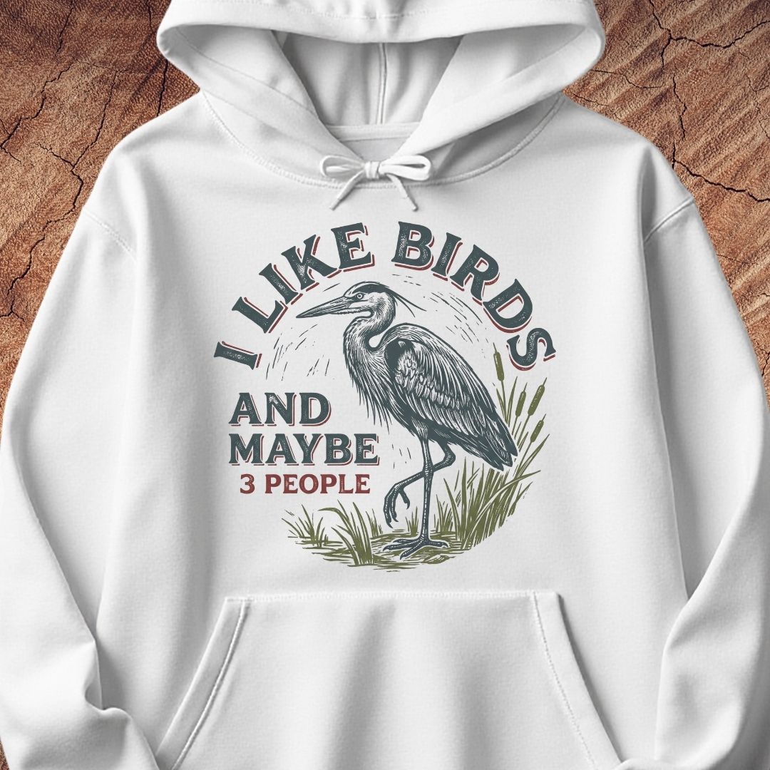 A white pullover hoodie with a front graphic print featuring a heron and the text 'I LIKE BIRDS AND MAYBE 3 PEOPLE' in dark gray and muted red, shown against a rustic wood background.