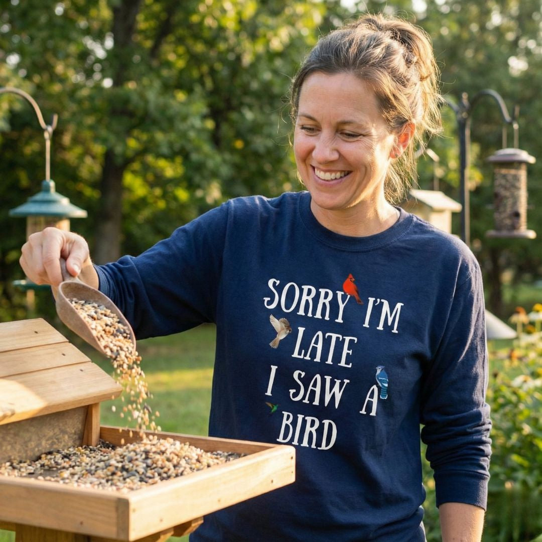 Woman in a navy long sleeve tshirt with  text design, 'sorry i'm late i saw a bird.' feeding birds from a wooden bird feeder outdoors