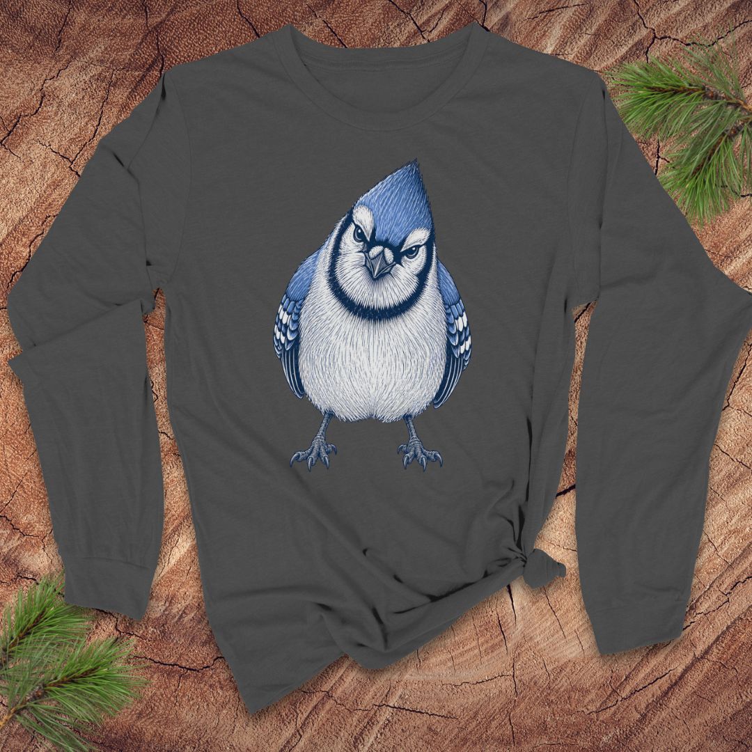 Gray long-sleeve t-shirt with a blue jay design on a wood background.