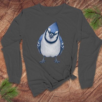 Gray long-sleeve t-shirt with a blue jay design on a wood background.