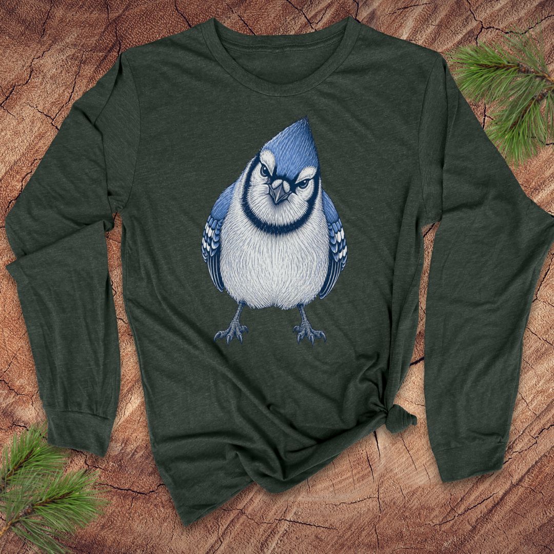 Green long-sleeve t-shirt with a blue jay design on a wood background.