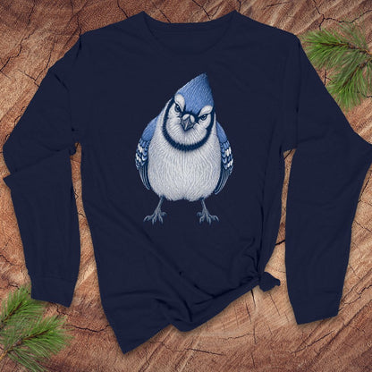 Navy blue long-sleeve t-shirt with a blue jay design on a wood background.