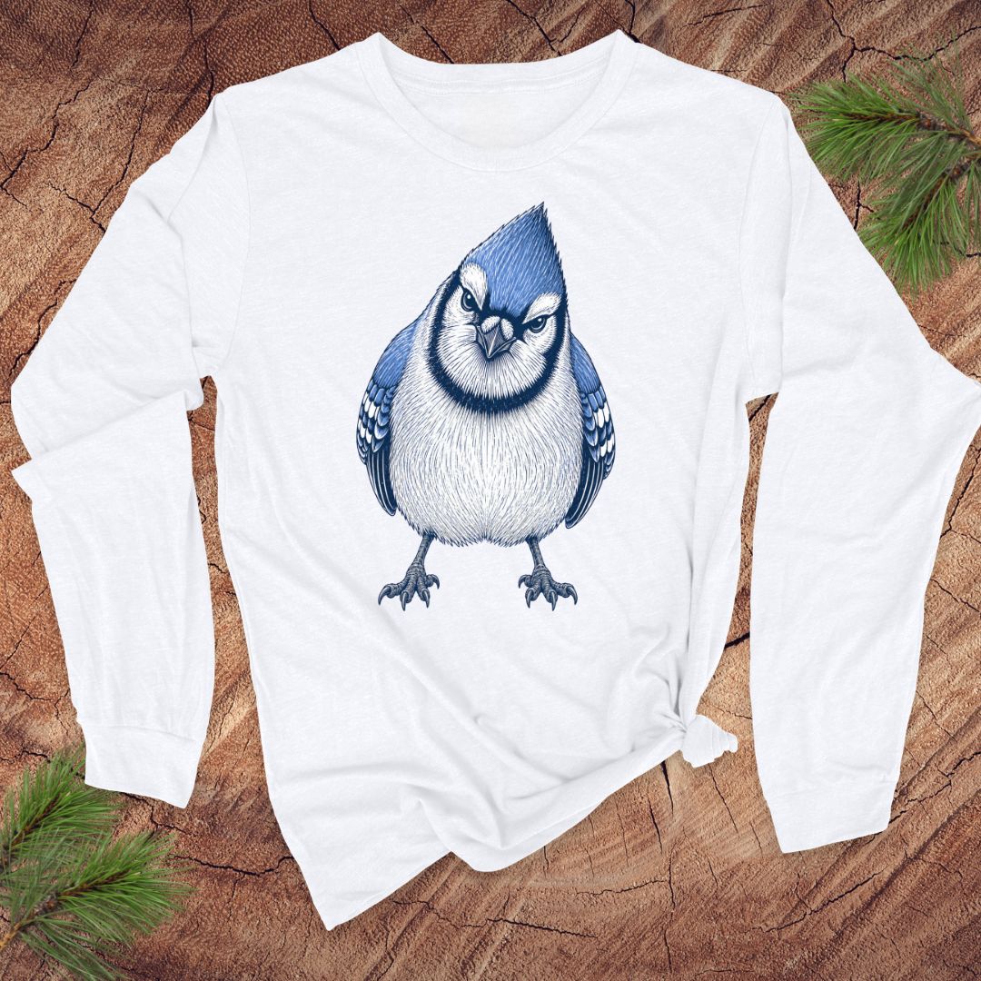 White long-sleeve t-shirt with a blue jay design on a wood background.