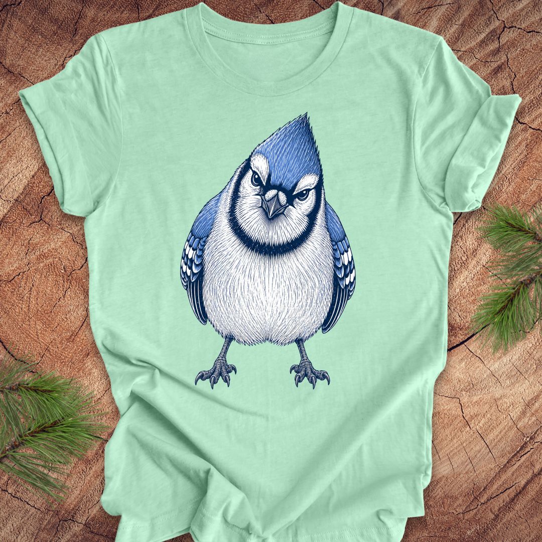 Mint green t-shirt with a blue jay bird design on a wooden surface.