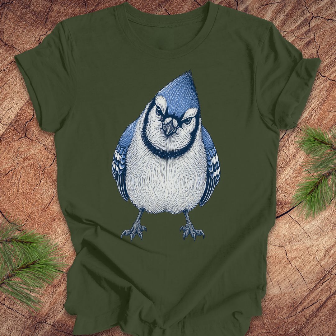 Green t-shirt with a blue and white bird design on a wooden surface.