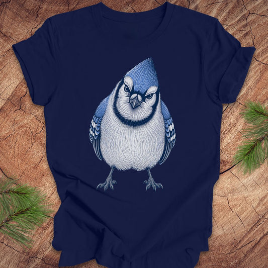 Navy blue t-shirt with a blue jay bird design on a wooden surface.