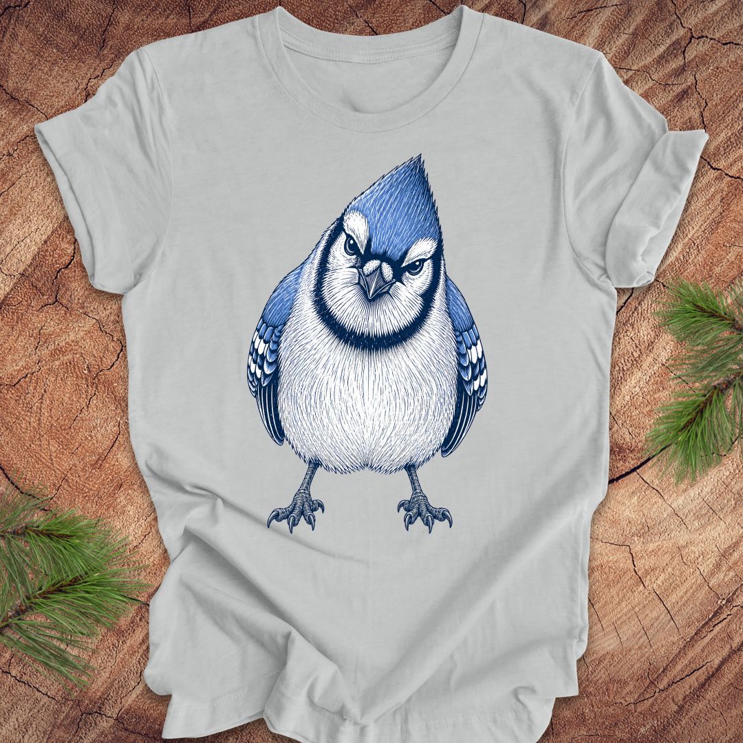 Gray t-shirt with a blue and white bird design on a wooden surface.