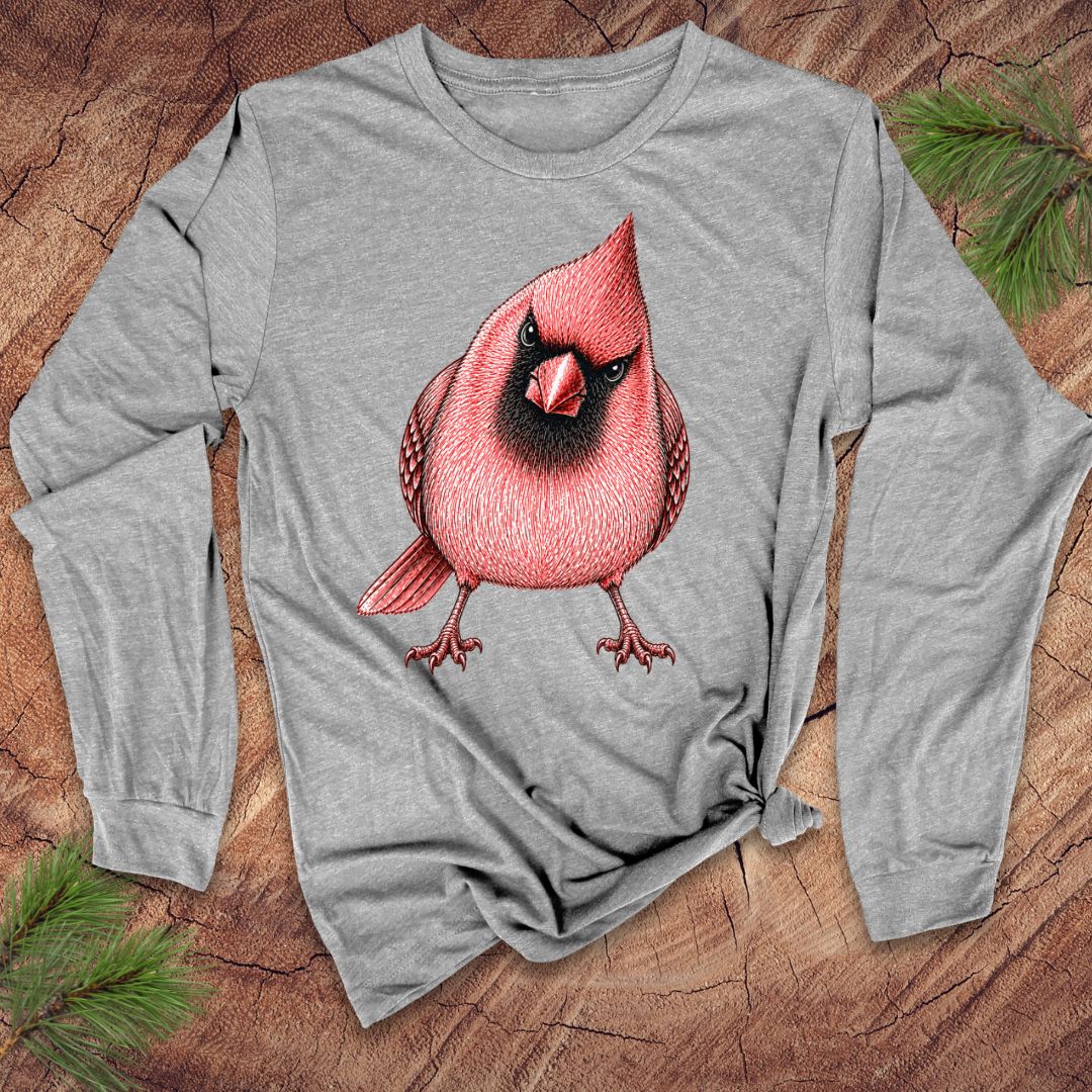 Gray long-sleeve shirt with a red cardinal bird design on a wooden surface.