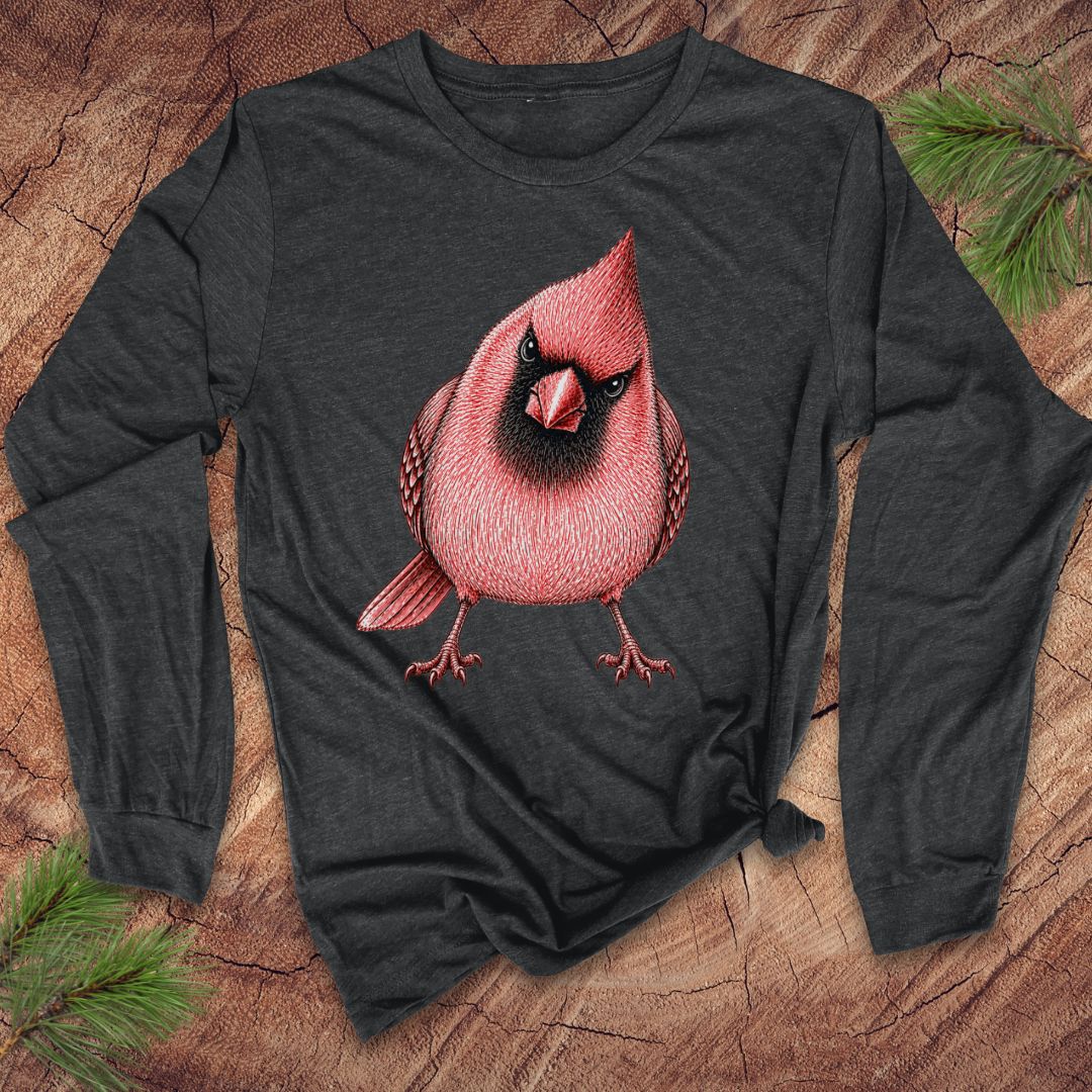 Dark gray long-sleeve shirt with a red cardinal bird design on a wooden surface.