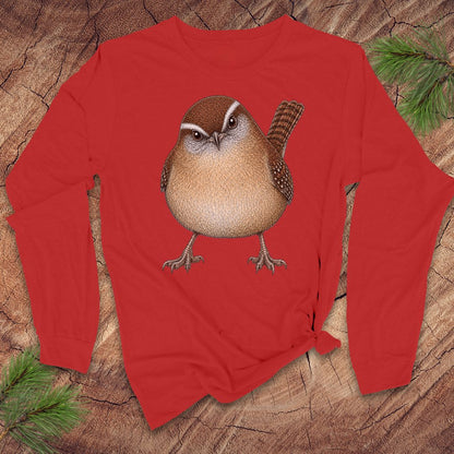 Red long-sleeve t-shirt with a carolina wren design on a wood background.