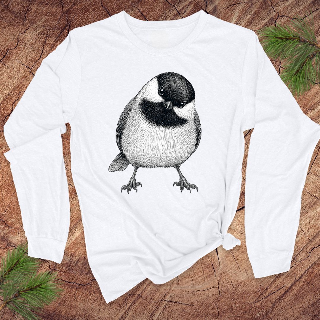 White long-sleeve shirt with a chickadee design on a wooden surface with pine branches.