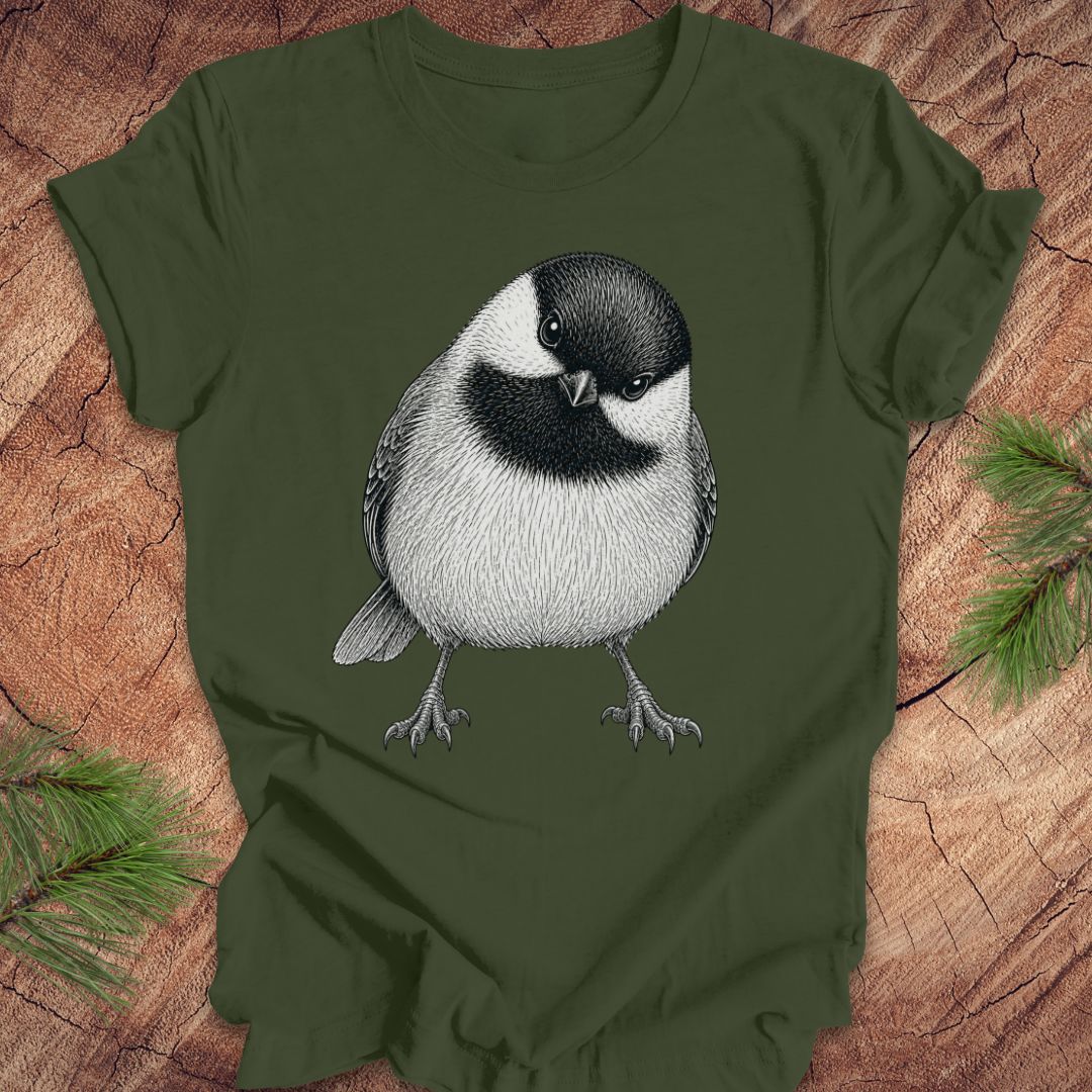 Green t-shirt with a chickadee design on a wooden surface