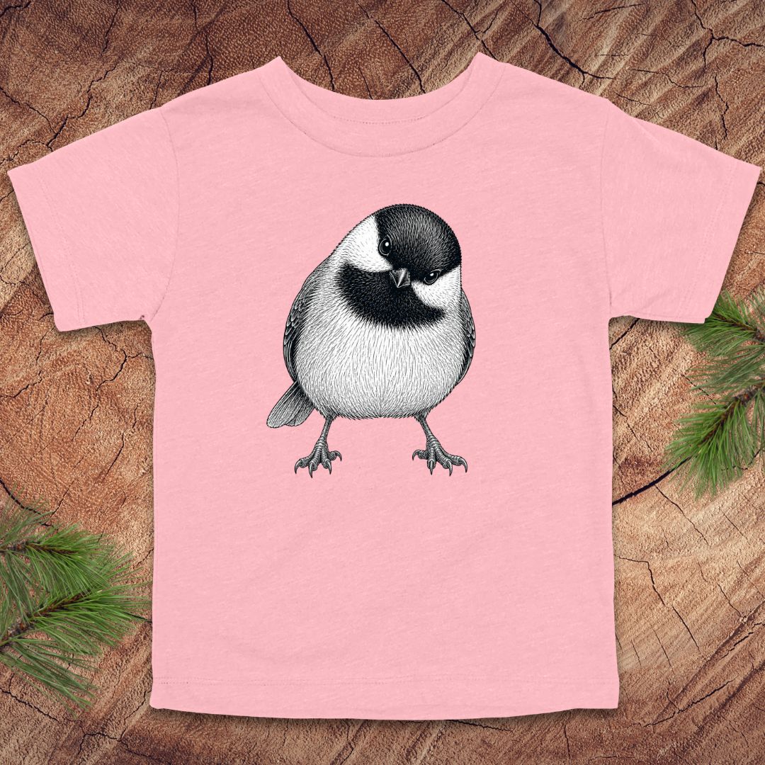 Pink toddler t-shirt with a chickadee design on a wooden surface