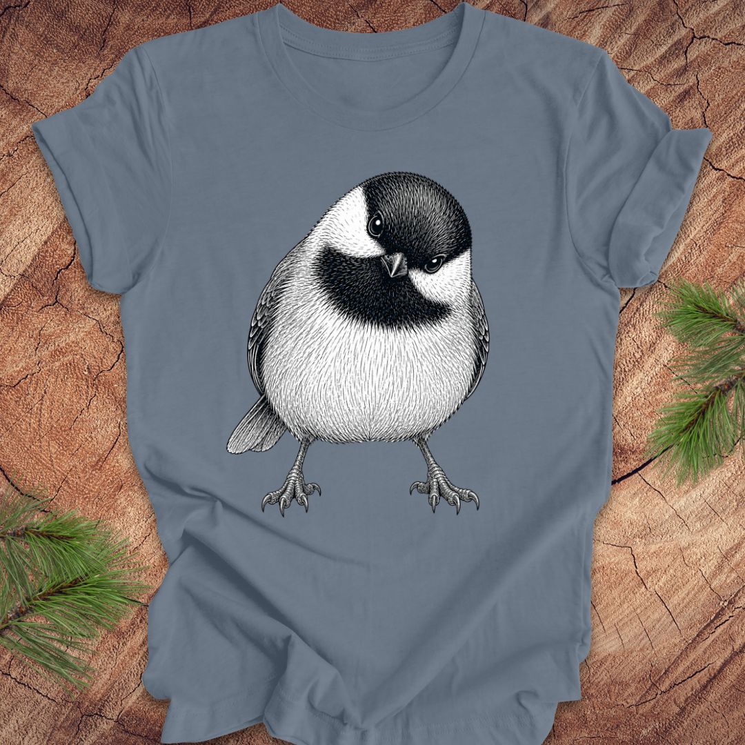 Blue t-shirt with a chickadee design on a wooden surface