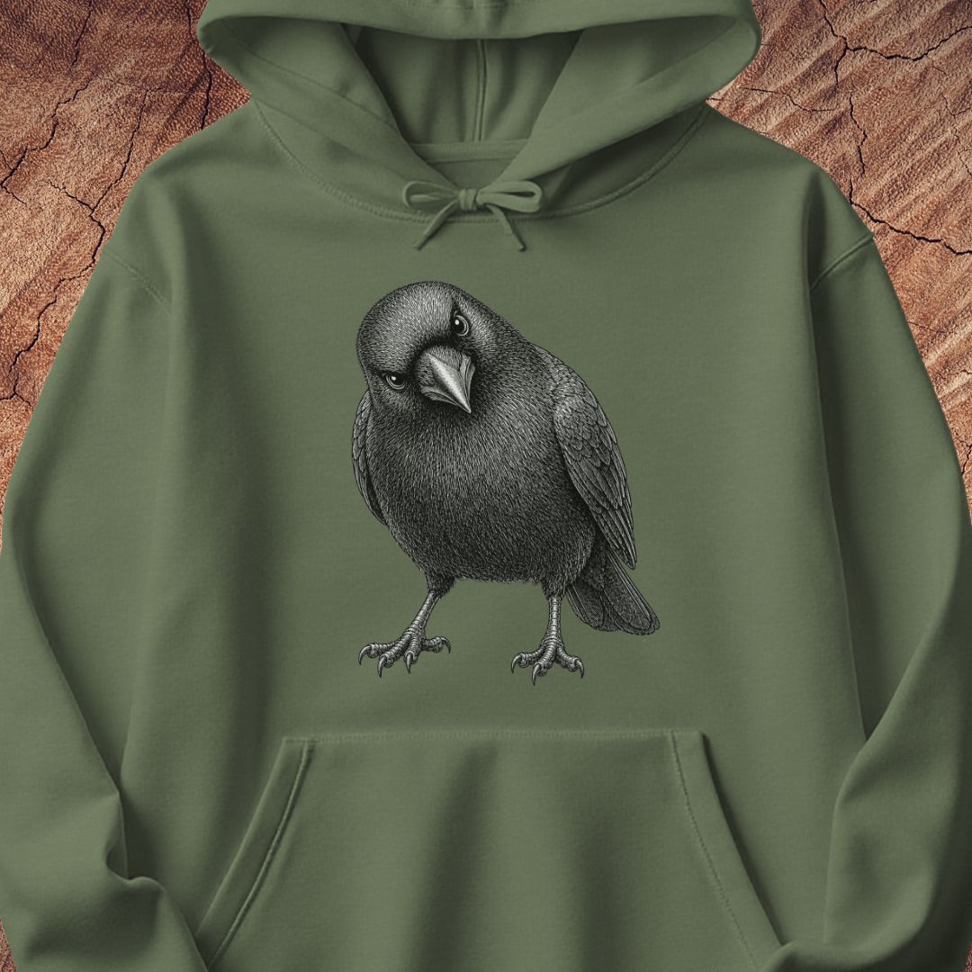 Military green hoodie with a detailed pencil-style American Crow tilting its head and glaring, laid flat on a rustic wood background.