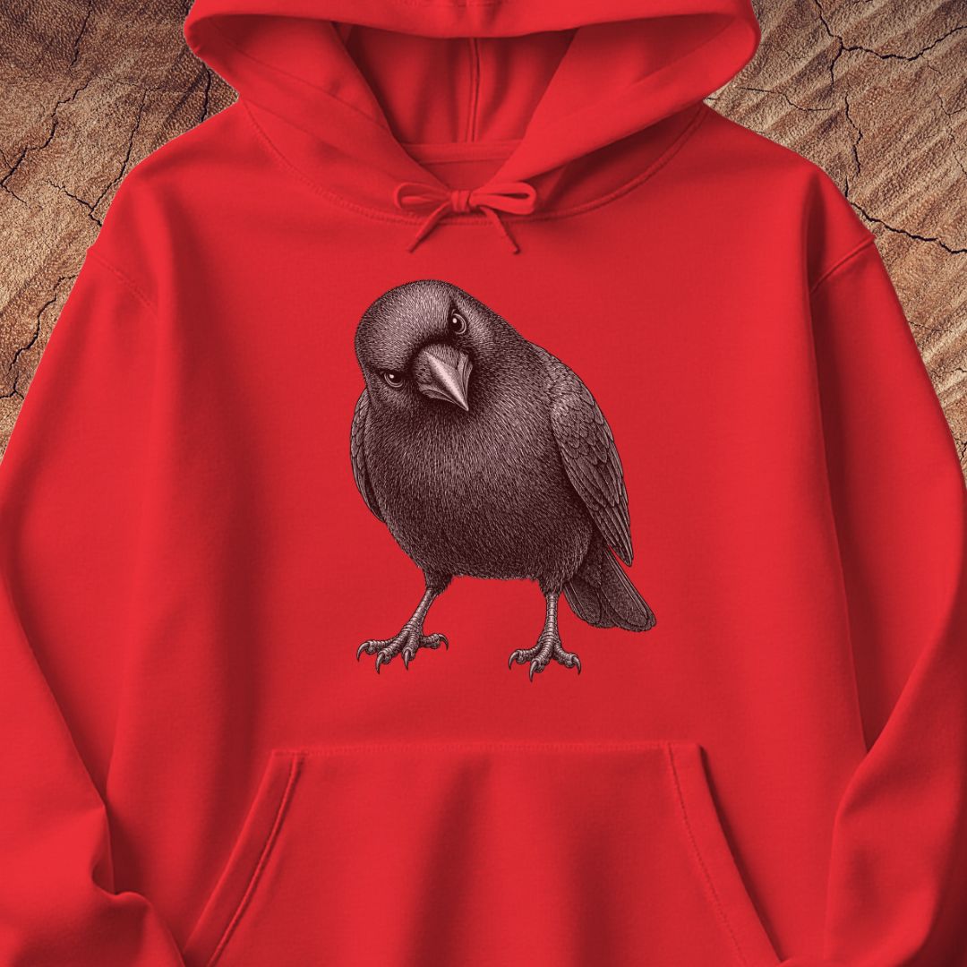 Red hoodie with a detailed pencil-style American Crow tilting its head and glaring, laid flat on a rustic wood background.
