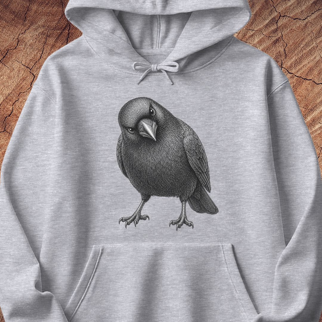 Sport grey hoodie with a detailed pencil-style American Crow tilting its head and glaring, laid flat on a rustic wood background.